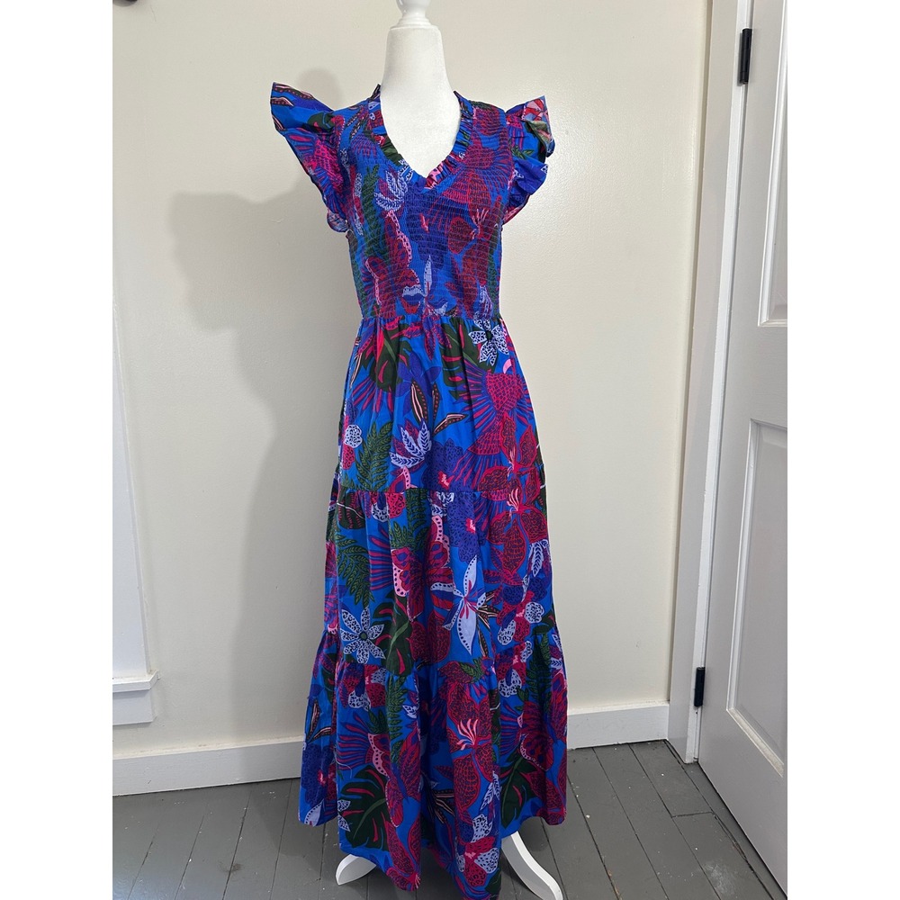 Sugarlips Floral Smocked Maxi Dress Blue Pink Tropical Ruffle Cotton STD13554PG